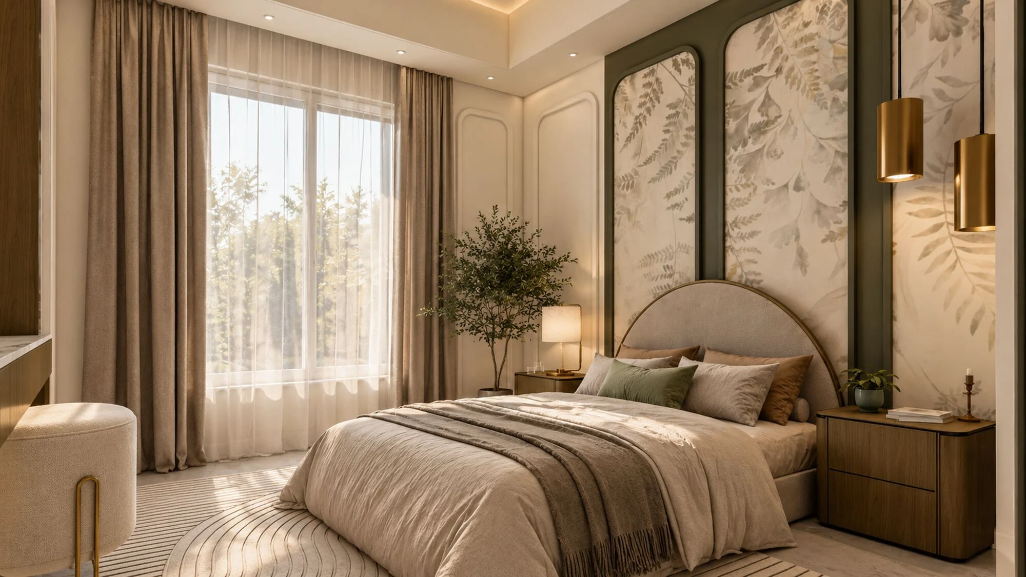 Master bedroom by a tall window, with fern-print wall panels and walnut bedside tables, in a Sharjah townhouse by Tohfa