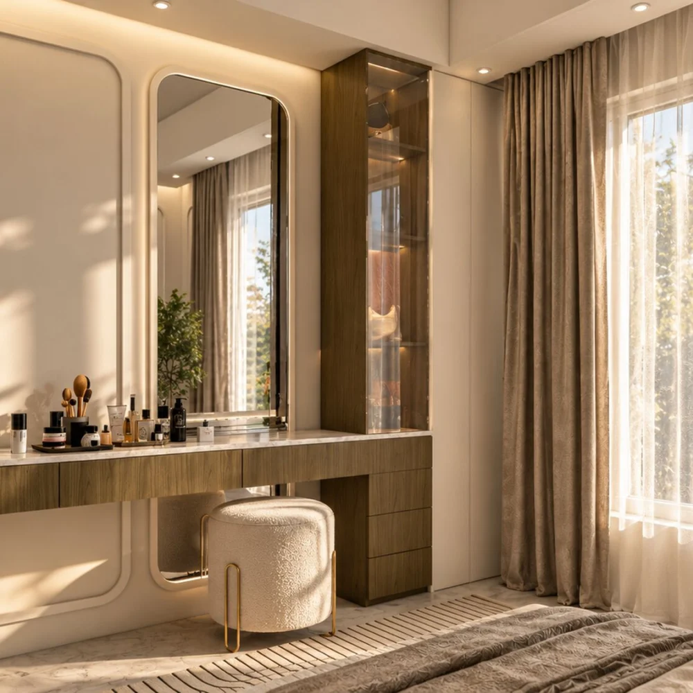 Floating walnut dressing counter with a stone top and a glass-fronted tower in the master bedroom of a Sharjah townhouse