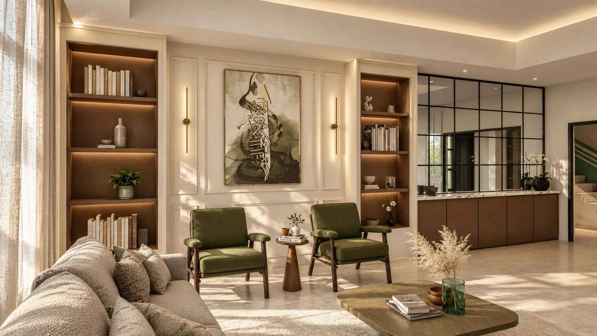 Sitting area with green armchairs, lit walnut shelves and a stone-topped cabinet below a black-framed mirror in a Sharjah townhouse by Tohfa