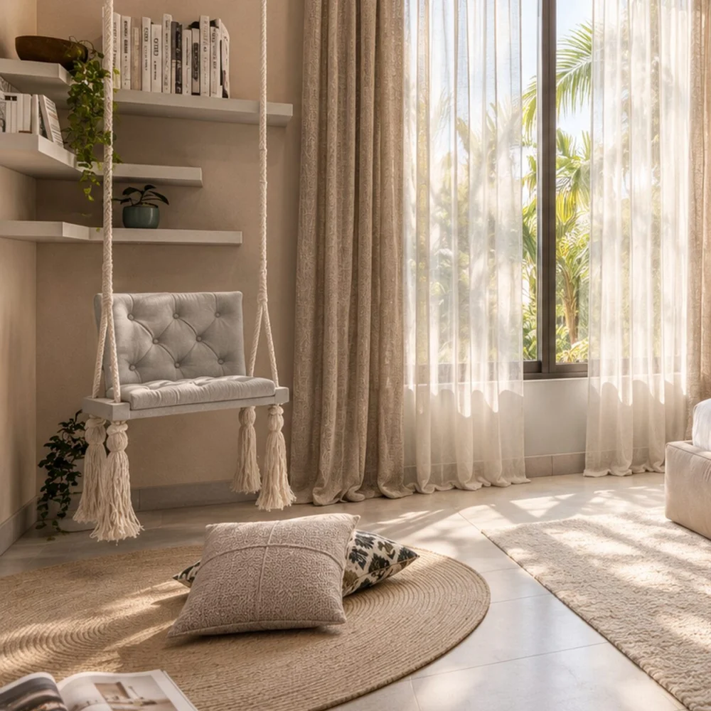 Hanging swing seat below floating book shelves by the window of a child's bedroom in a Sharjah Sustainable City townhouse by Tohfa