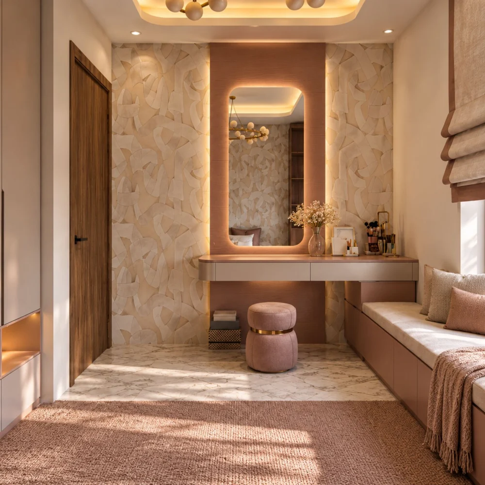 Dressing table with a lit mirror and a window seat with drawers in a child's bedroom of a Sharjah townhouse by Tohfa