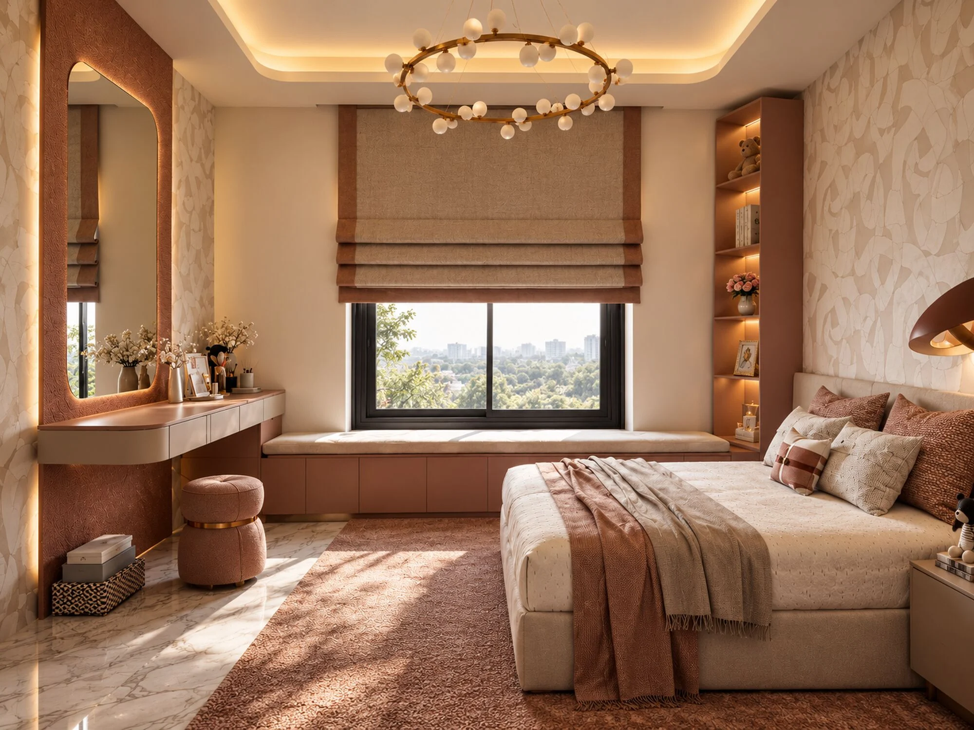 Child's bedroom with a dressing counter, lit mirror and window seat with drawers in a Sharjah Sustainable City townhouse