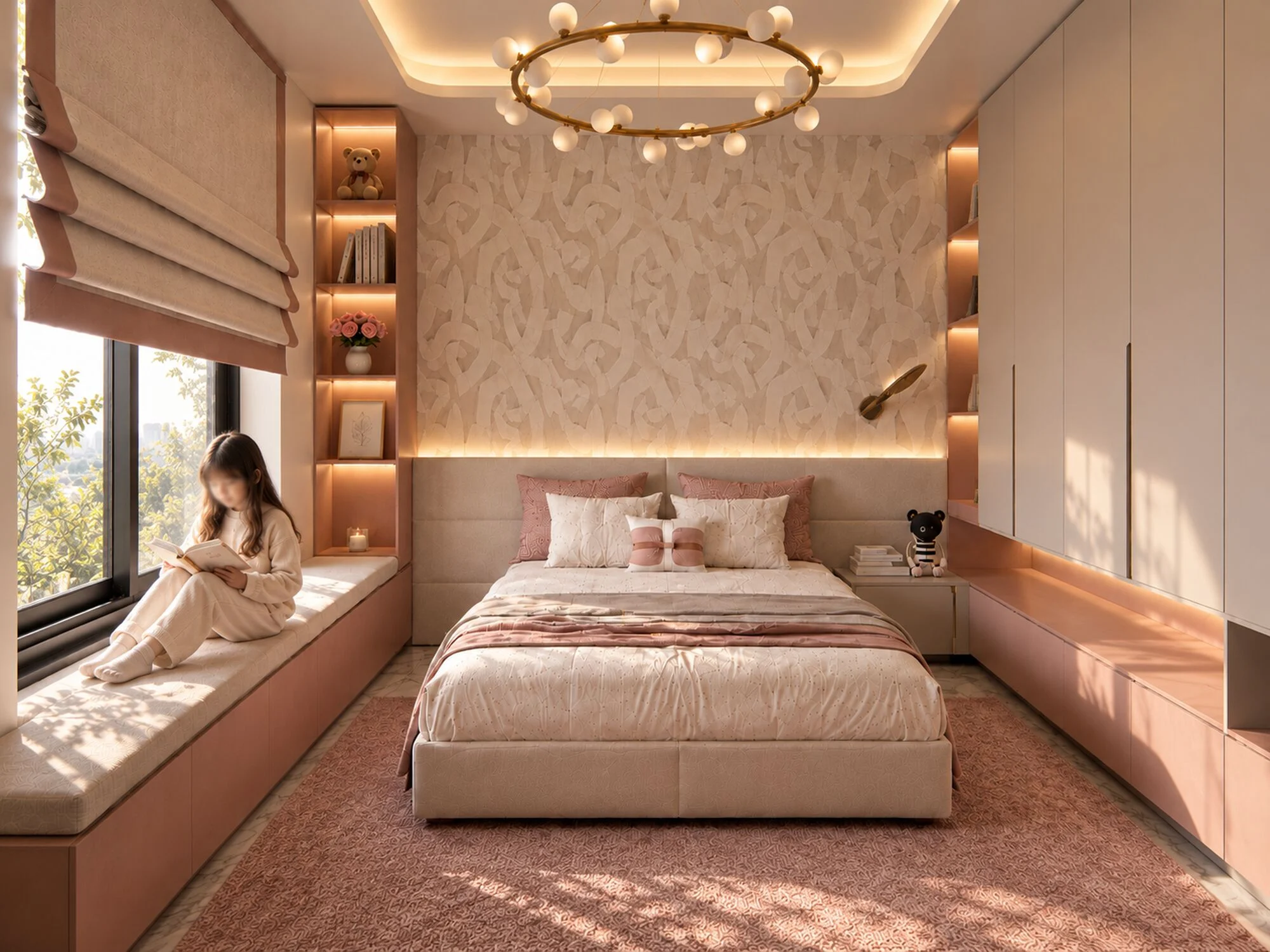 Child's bedroom with a cushioned window seat, lit shelving and a ring chandelier in a Sharjah Sustainable City townhouse by Tohfa