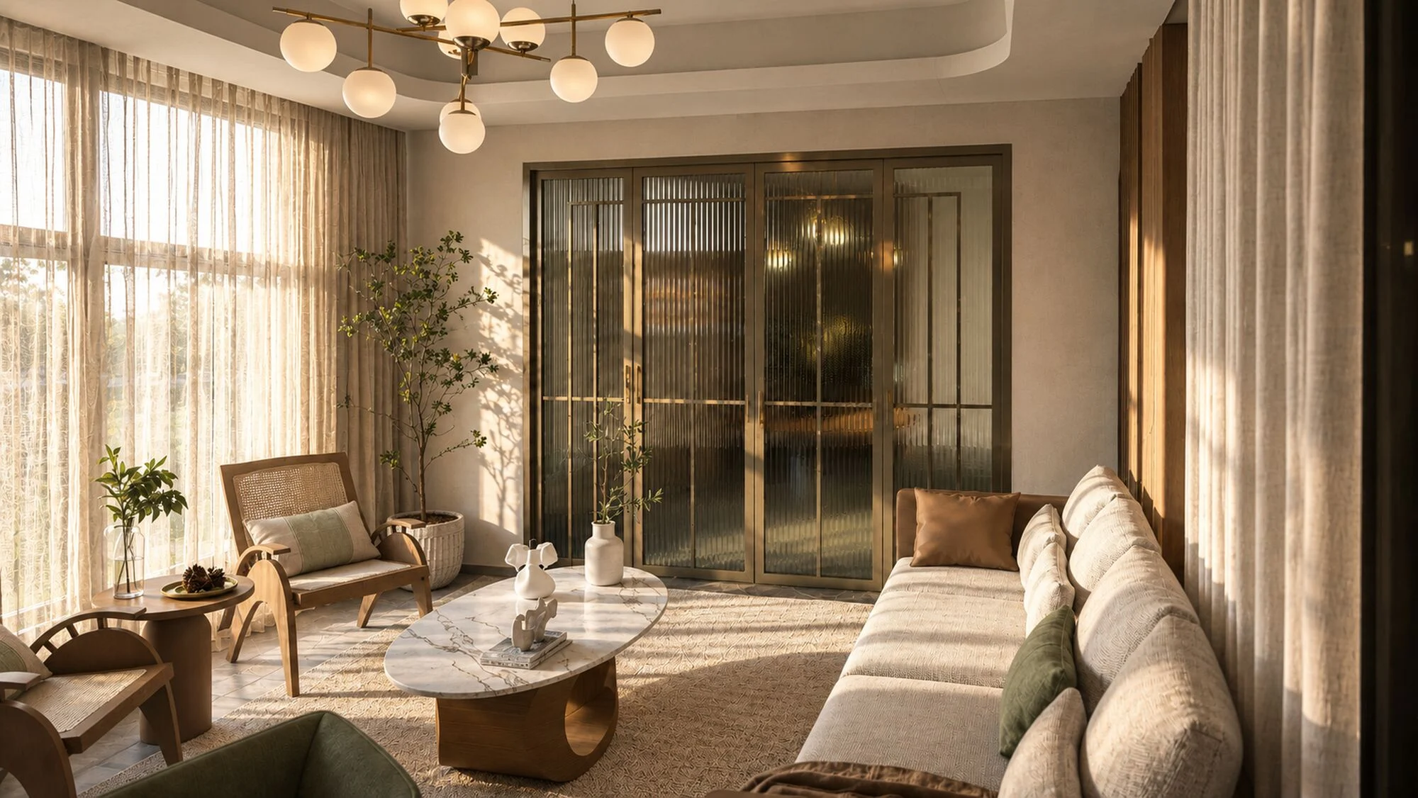 Guest sitting room with fluted glass doors, tall windows and an oval marble table in the backyard extension of a Sharjah townhouse by Tohfa