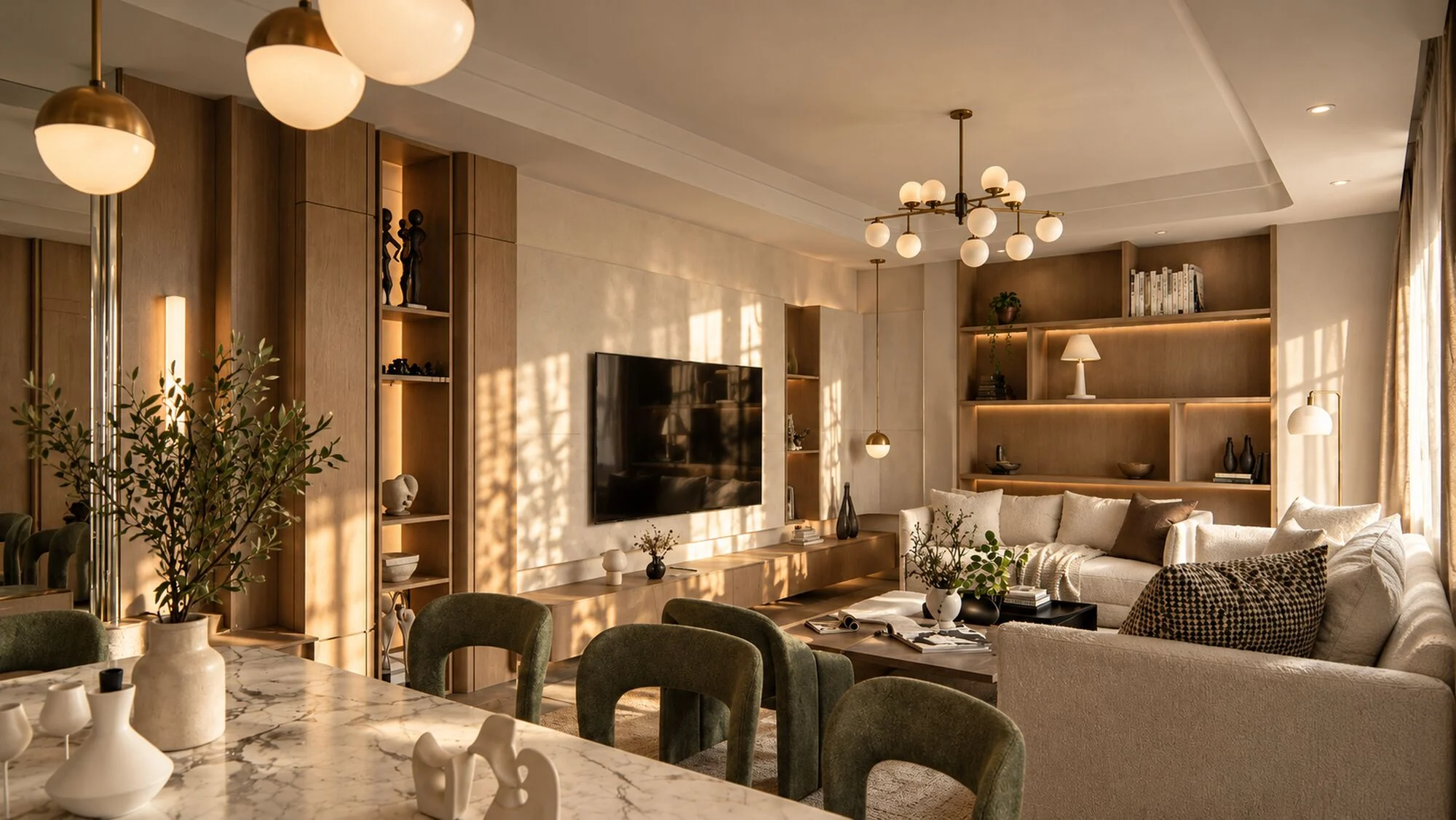 Open living and dining room with oak shelving, a television wall and sage dining chairs in a Sharjah Sustainable City townhouse by Tohfa