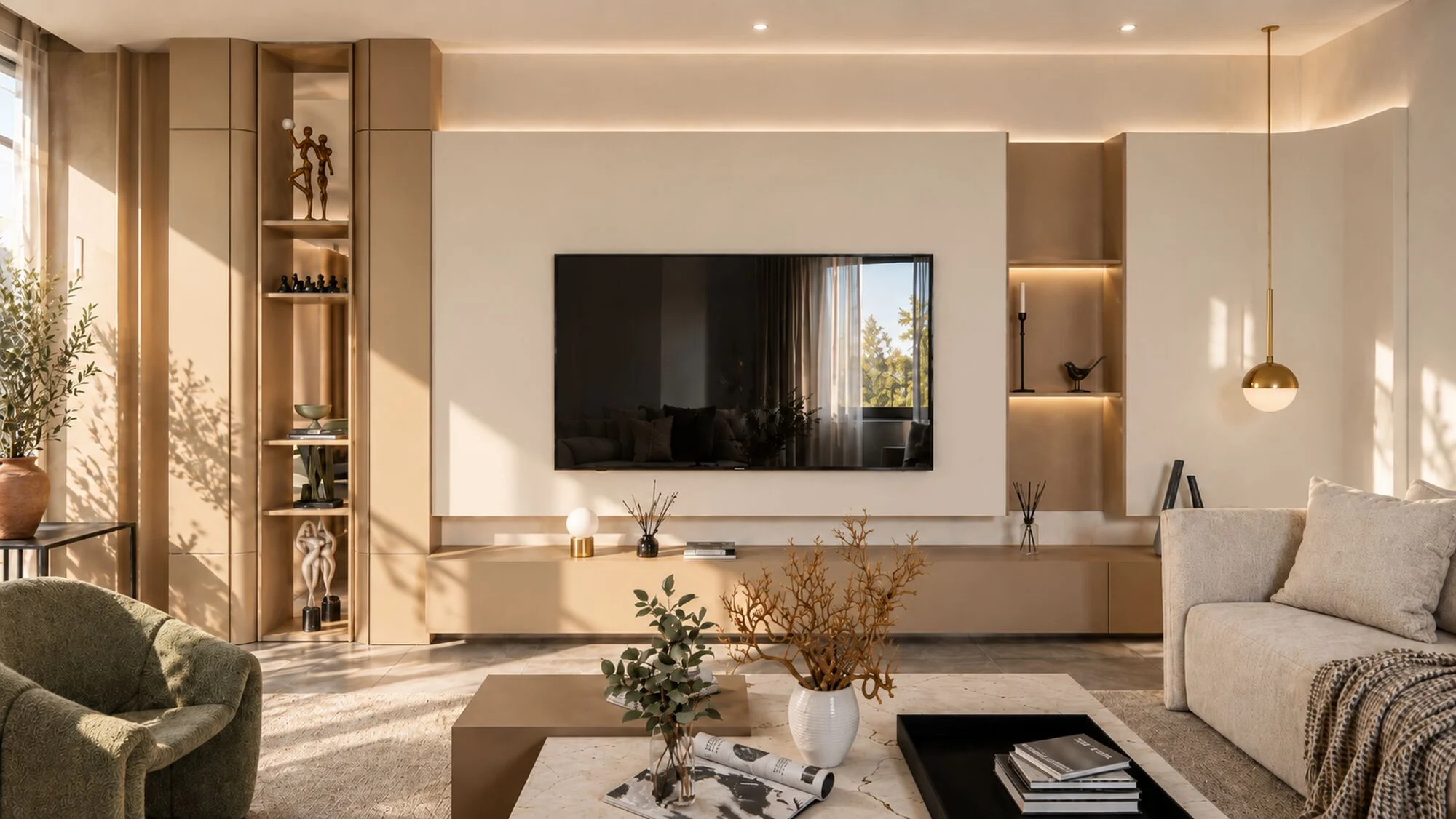Living room television wall with lit niches and a long low console in a Sharjah Sustainable City townhouse