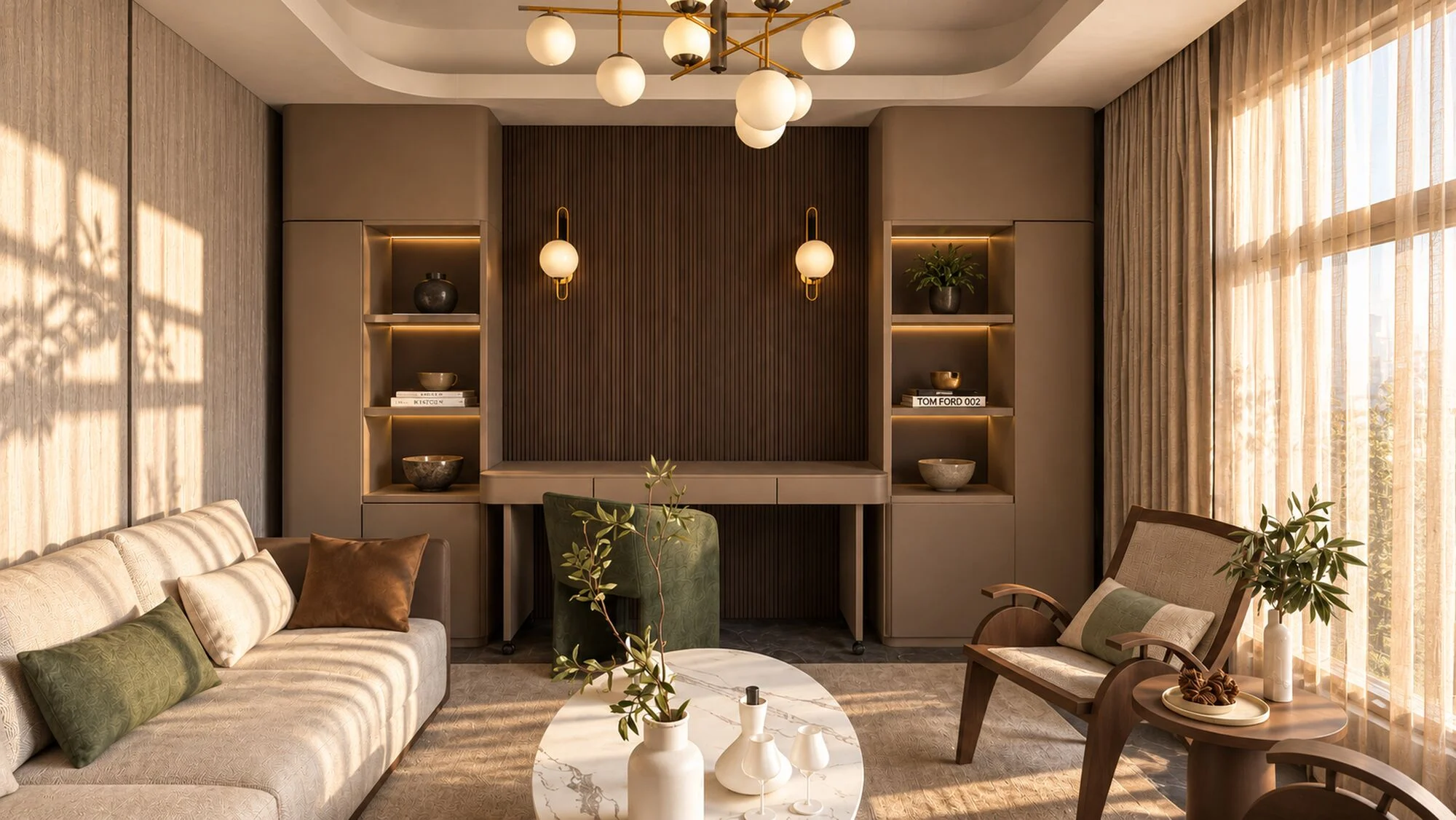 Multi-purpose room built into the backyard, with a desk between lit shelves and seating for guests, in a Sharjah Sustainable City townhouse by Tohfa