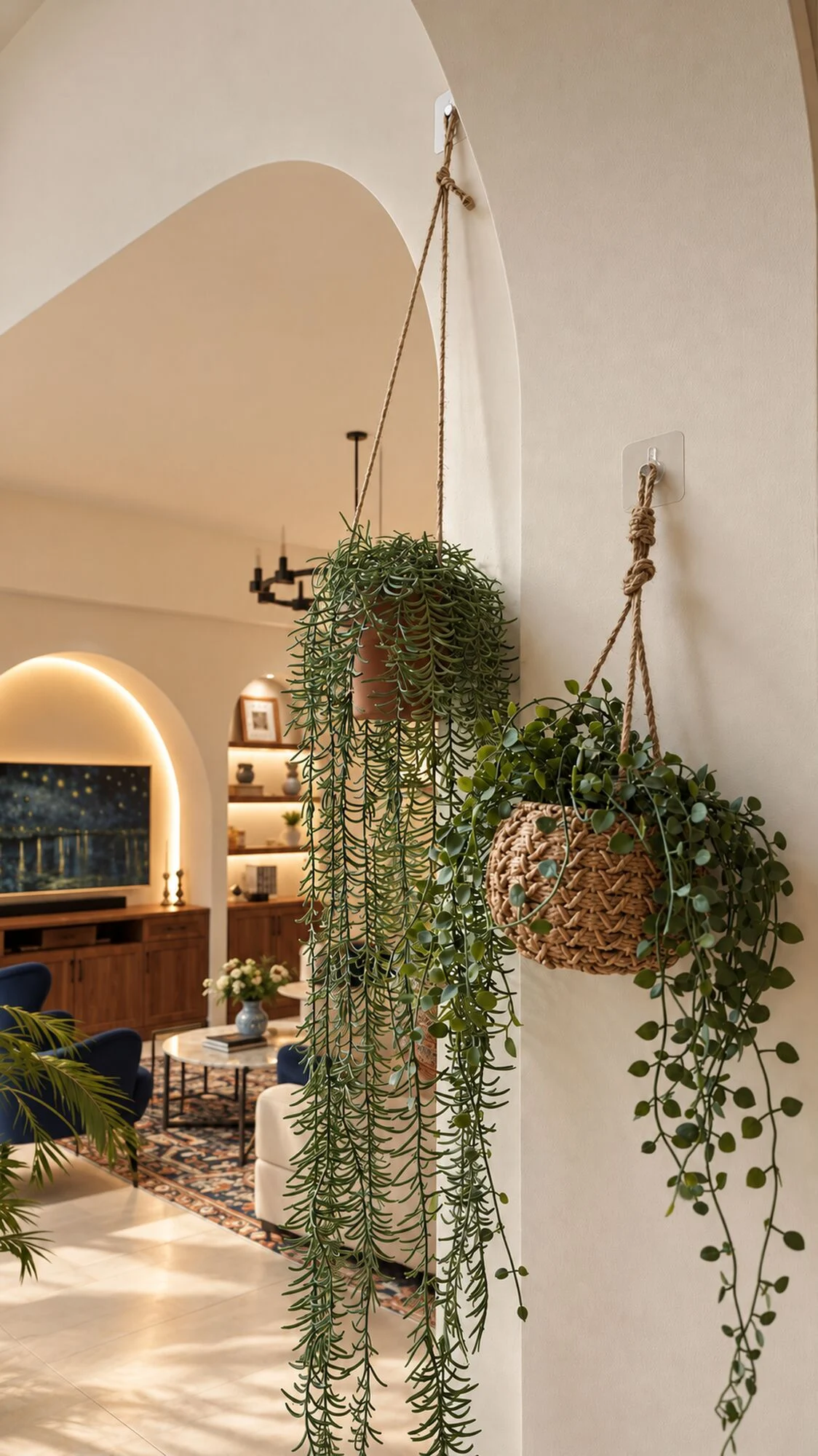 Hanging plants in woven baskets beside a cream arch, looking through to the family room, in a Sharjah Sustainable City villa