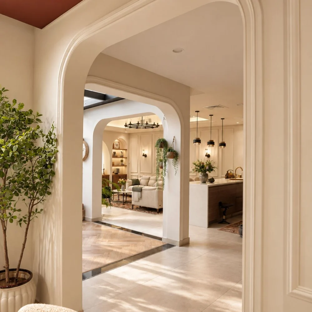 View from the dining room through a series of cream arches to the family room and kitchen in a Sharjah Sustainable City villa by Tohfa