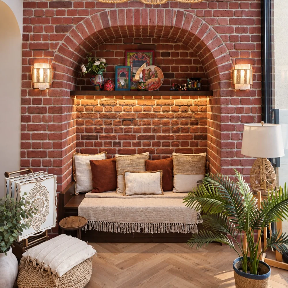 Arched brick nook with a cushioned bench, rope wall lights and a lit shelf in the garden room of a Sharjah villa by Tohfa