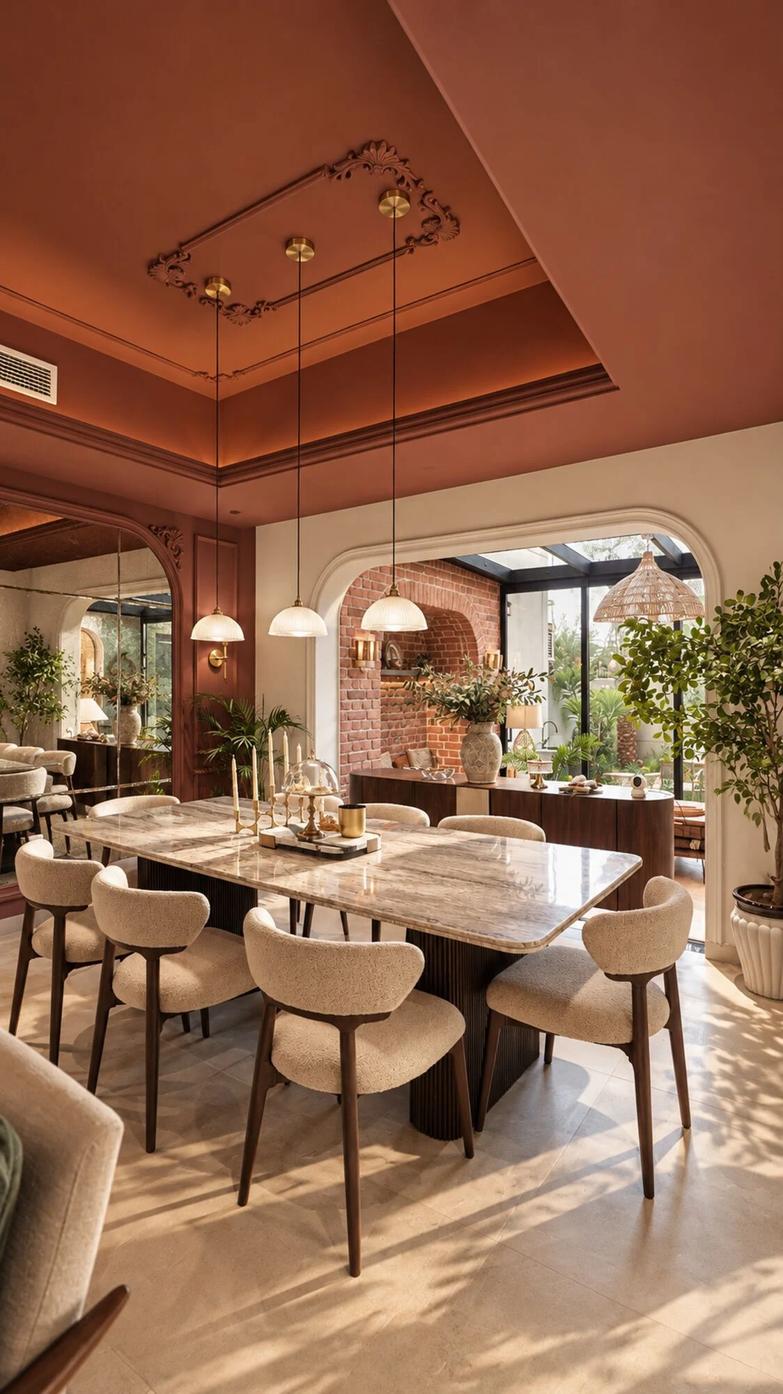Dining room with a marble table, terracotta ceiling and an arch through to the brick garden room in a Sharjah Sustainable City villa