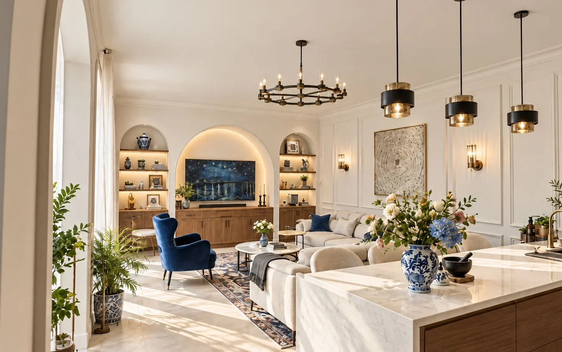 Open family room with lit arched niches, a navy armchair and a marble kitchen island in a Sharjah Sustainable City villa by Tohfa