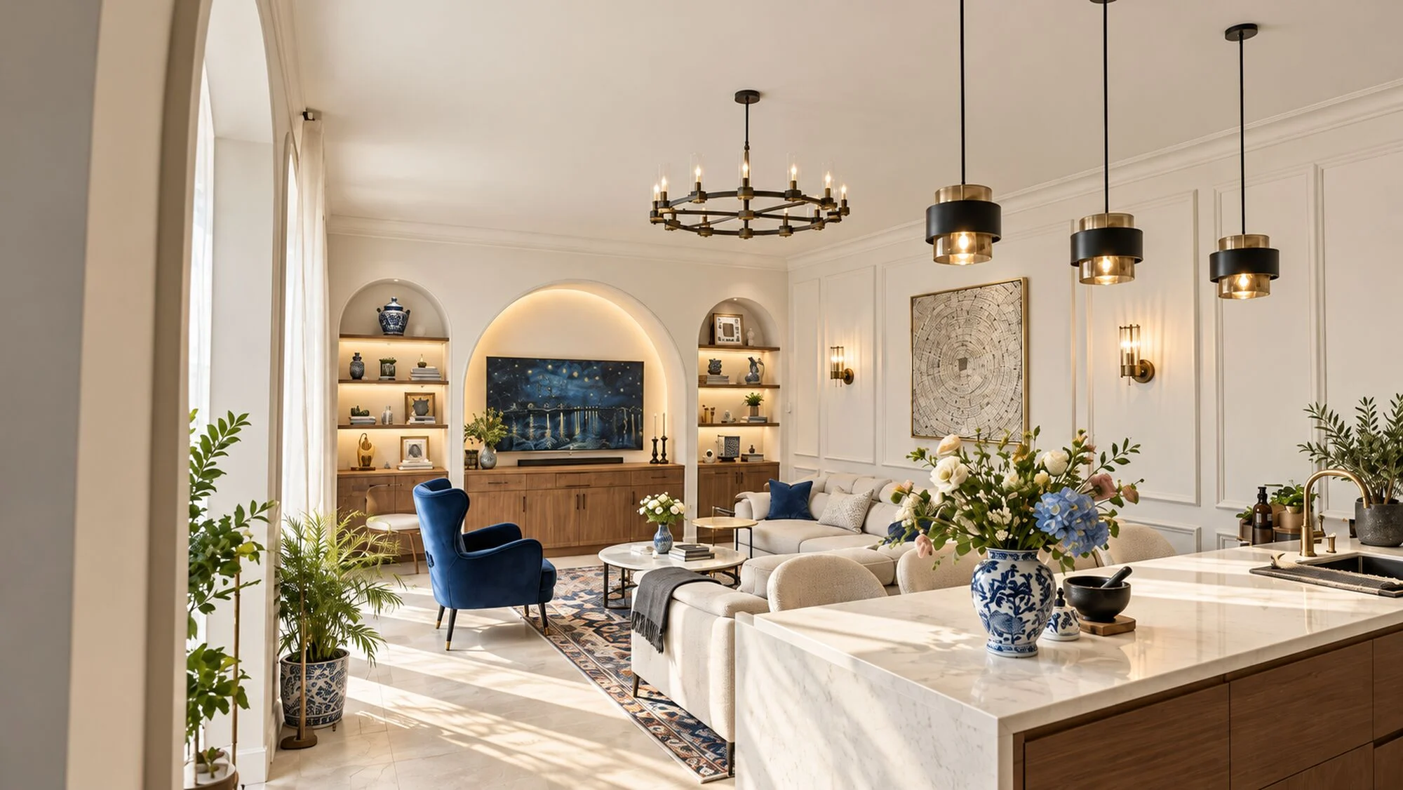 Open family room with lit arched niches, a navy armchair and a marble kitchen island in a Sharjah Sustainable City villa by Tohfa