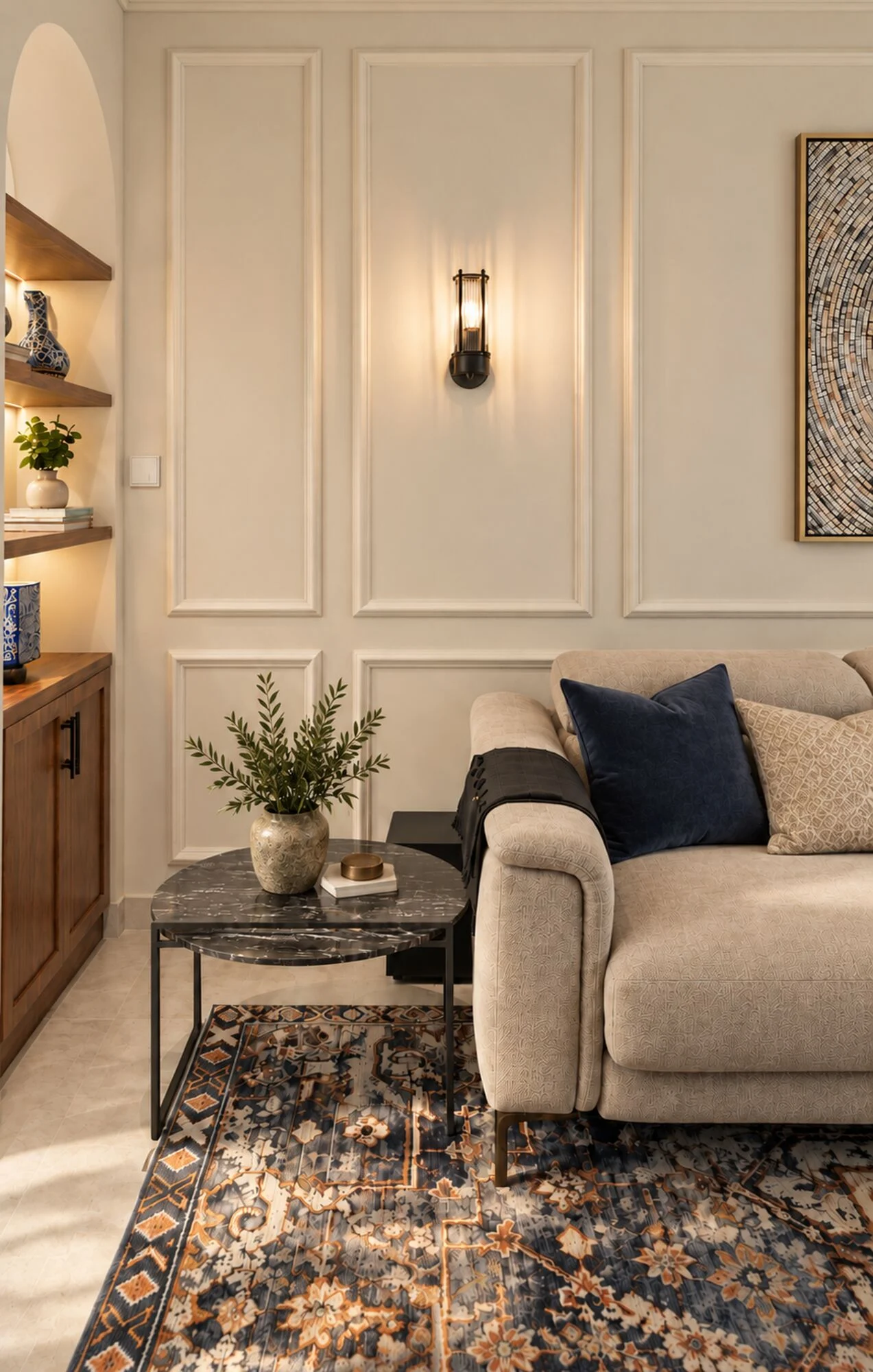Cream panelled wall with a wall light, marble side table and navy cushion in the family room of a Sharjah villa by Tohfa