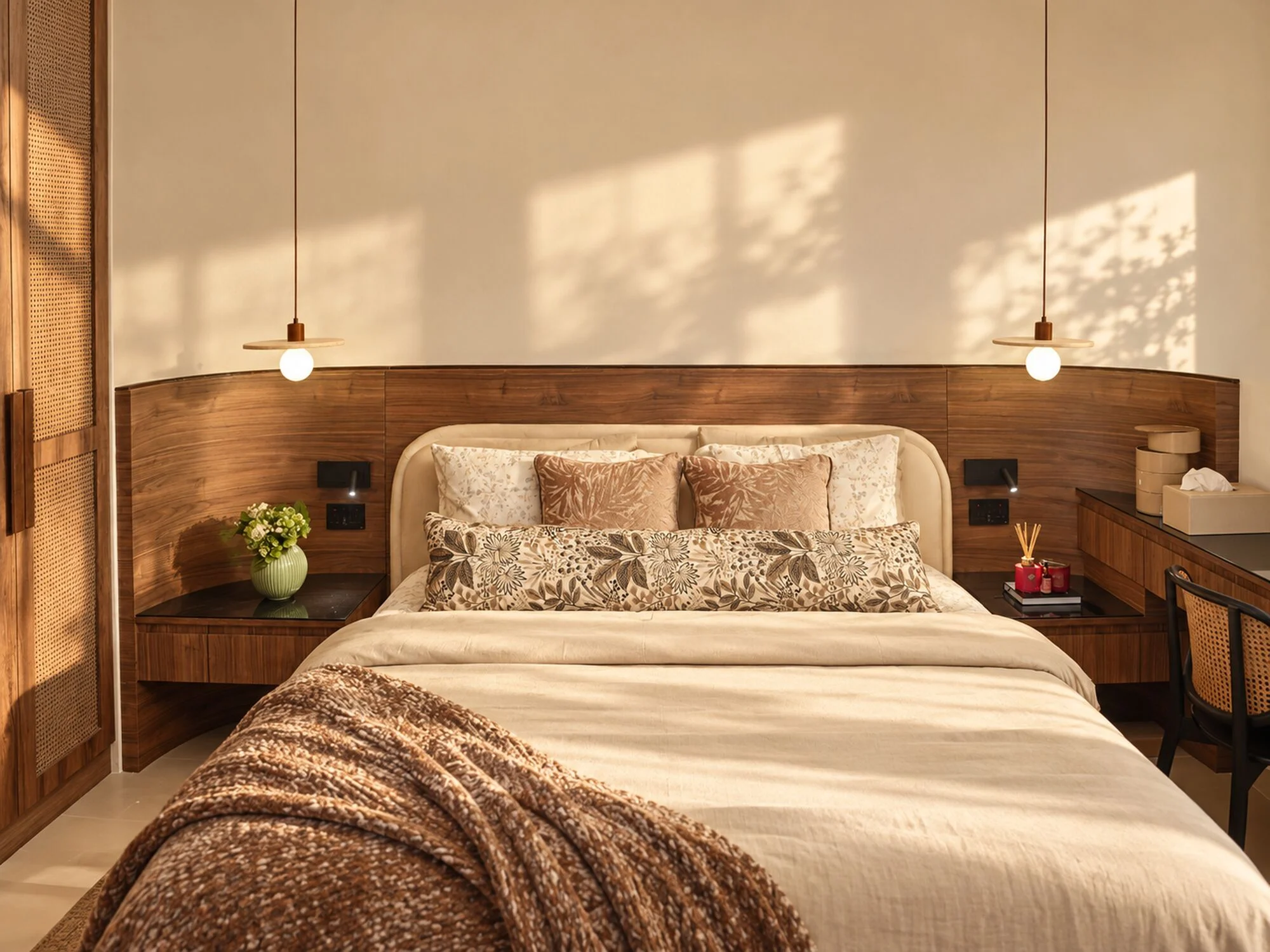 Master bedroom with a curved walnut headboard wall and pendant lights in a Sharjah Sustainable City villa by Tohfa