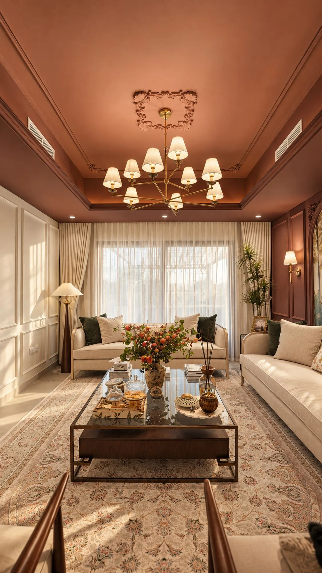 Sitting room with a terracotta ceiling, ornamental ceiling rose and brass chandelier with linen shades in a Sharjah villa by Tohfa