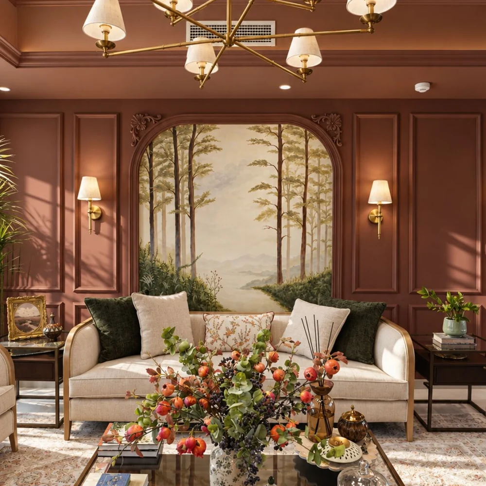 Arched forest mural set into terracotta panelling behind a cream sofa in the sitting room of a Sharjah Sustainable City villa
