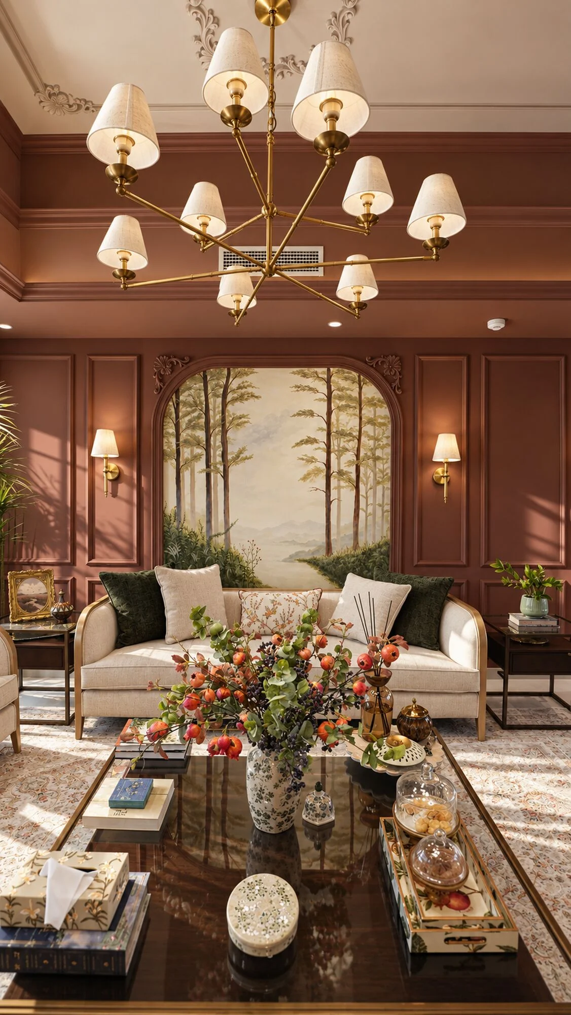 Arched forest mural set into terracotta panelling behind a cream sofa in the sitting room of a Sharjah Sustainable City villa