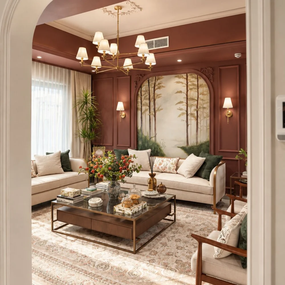 Terracotta sitting room seen through a cream arch, with a forest mural, brass chandelier and patterned rug, in a Sharjah villa by Tohfa