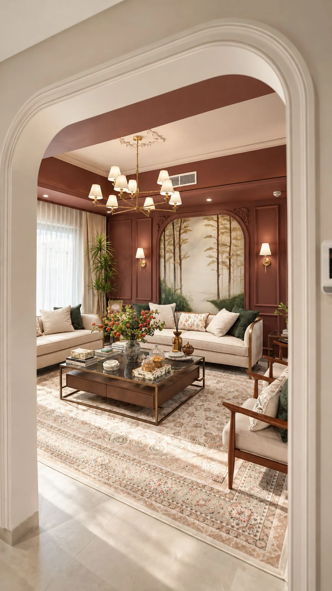 Terracotta sitting room seen through a cream arch, with a forest mural, brass chandelier and patterned rug, in a Sharjah villa by Tohfa